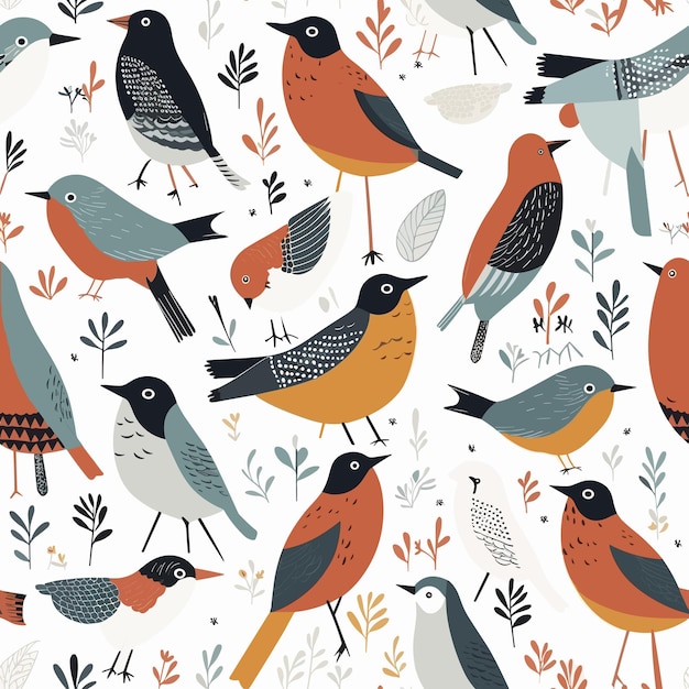 Vintage pattern with little birds on white background