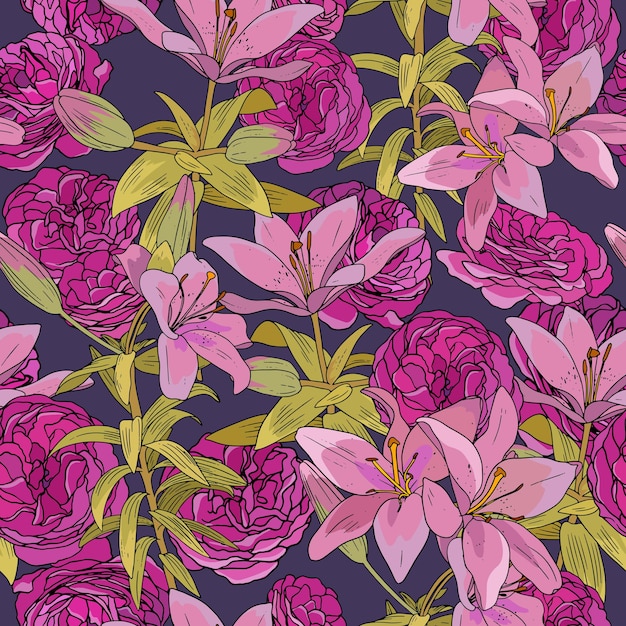 Vector vintage pattern with purple tea roses and pink lilies