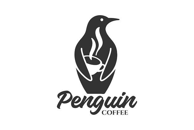 Vintage Penguins Silhouette with Coffee Cup for Cafe Logo Design