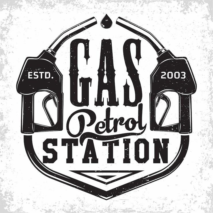 Vector vintage petrol station logo design with an emblem of gasoline station