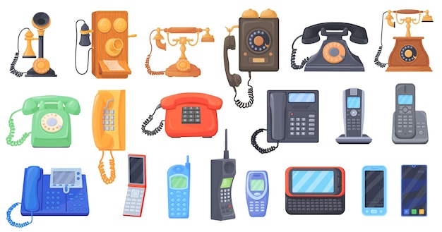 Vector vintage phones and smartphones first telephone cellphone or modern smartphone set call communication invention retro mobile phone evolution vector illustration of telephone smartphone technology