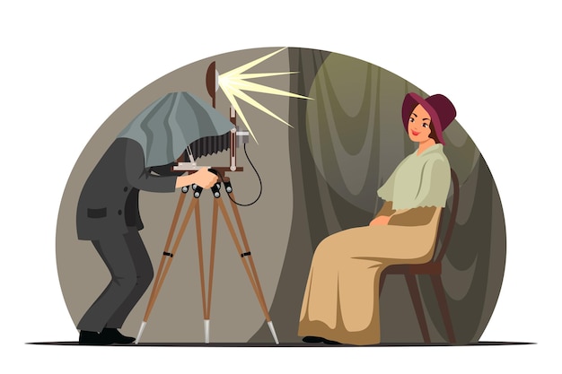 Vector vintage photographer with retro camera. man shooting photography with smiling woman model in old style studio