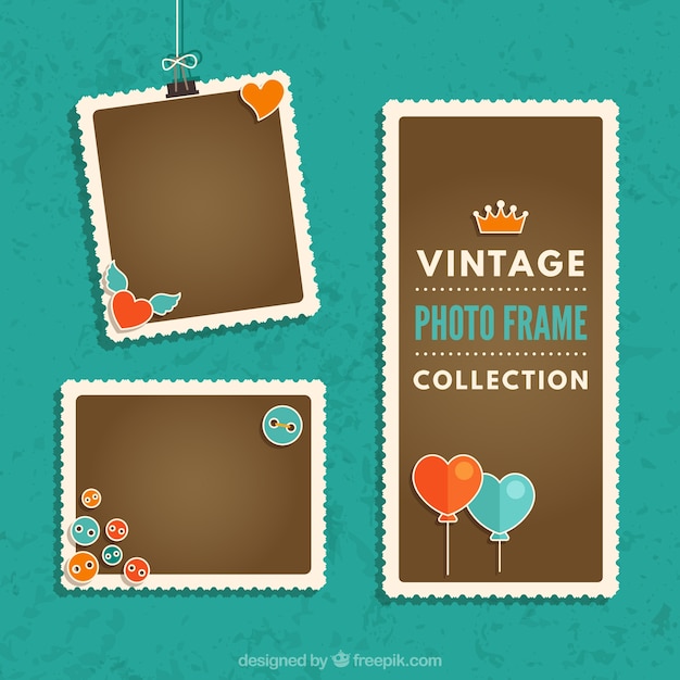 Vintage photography frames collection with heart balloons