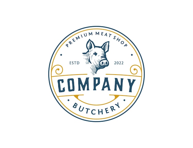 Vintage pig farm with handdrawn style in circle badge logo template