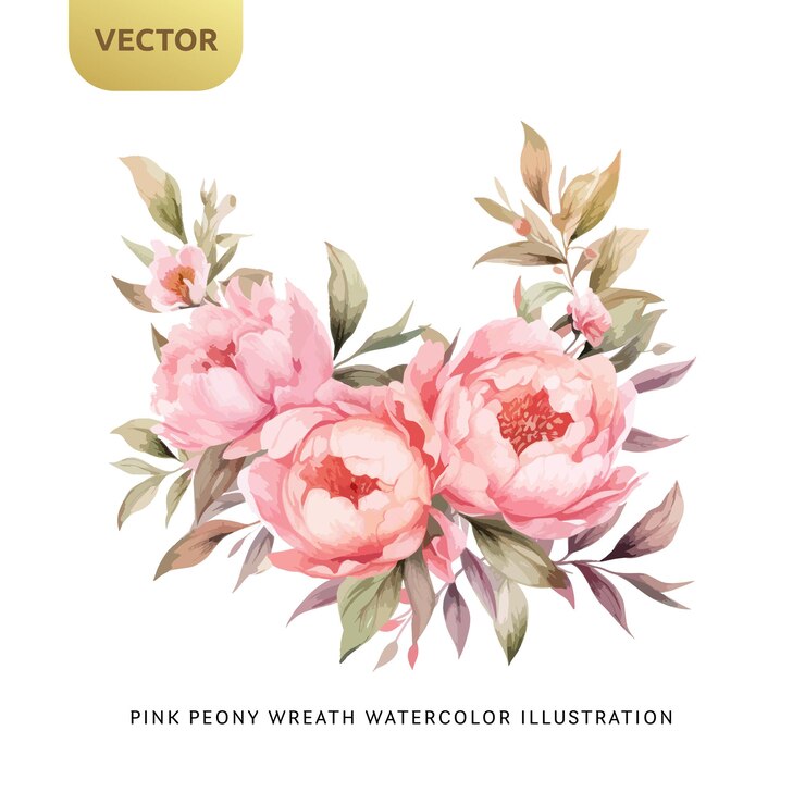 Vintage Pink Peony Flowers Watercolor isolated on white background Decorative floral element for wedding valentine or love invitation Vector illustration