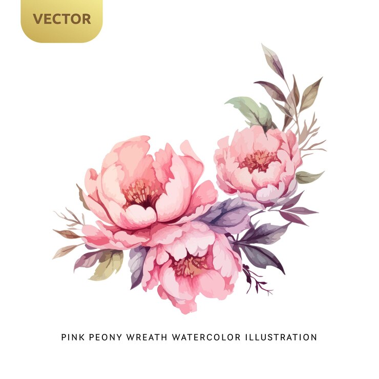 Vintage Pink Peony Flowers Watercolor isolated on white background Decorative floral element for wedding valentine or love invitation Vector illustration