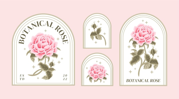 Vintage pink rose flower label element collection for feminine logo and beauty brand with frame