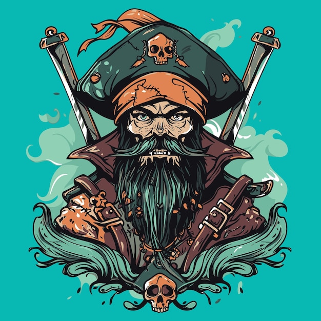 Capitano pirata d'epoca con spade incrociate e teschio illustrazione vettoriale