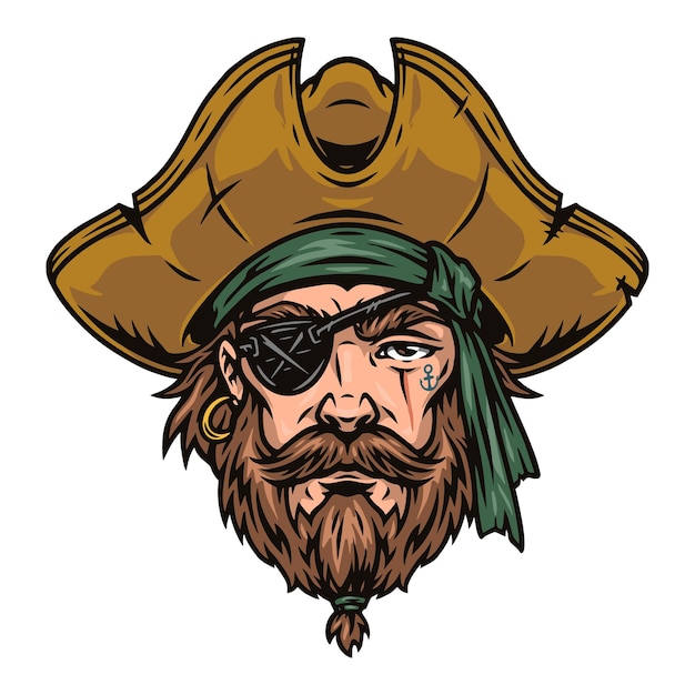 Vettore faccia da pirata vintage con cappello e vettore di benda sull'occhio