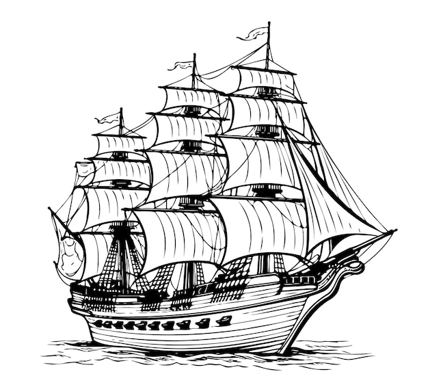 Vector vintage pirate ship sketch hand drawn vintage sea transport vector