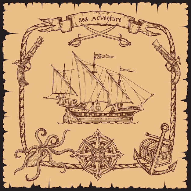 スケッチ海の冒険の背景にロープ フレームを持つビンテージの海賊船船古いアンティークまたは古代の海賊ボートまたはヨットと海洋フリゲートのアンカーまたは宝箱とロープ フレームのコンパス