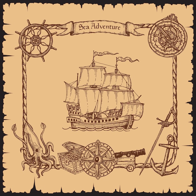 Vintage pirate vessel ship with rope frame sketch