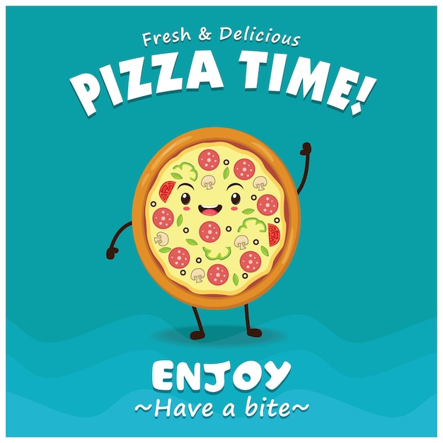 Vintage Pizza poster design with vector pizza character.