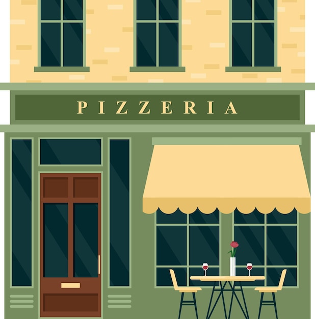 Vector vintage pizzeria cafe restaurant house. cartoon european city street with building green exterior