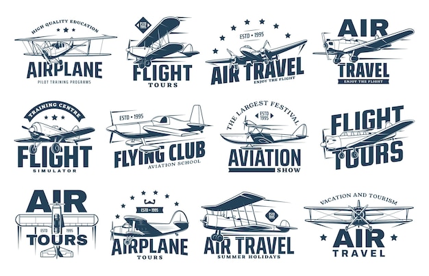 Vector vintage plane isolated icons air travel aircraft