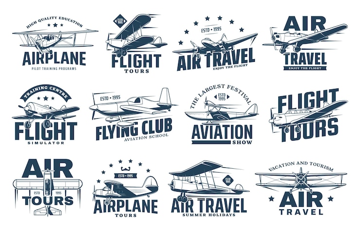 Vector vintage plane isolated icons of air travel
