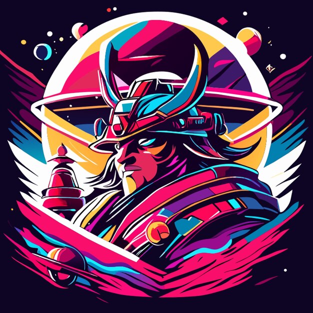 Vector a vintage playful vectorized tshirt design of a samurai in space rendered in unreal engine 5