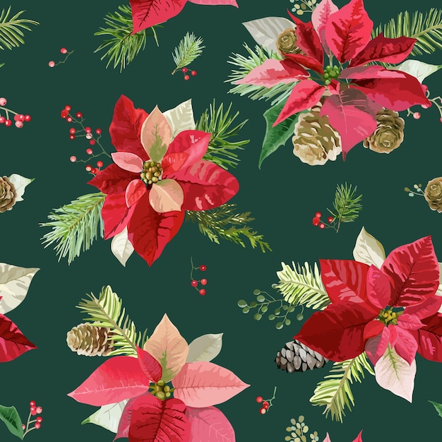 Vintage poinsettia flowers background seamless christmas pattern