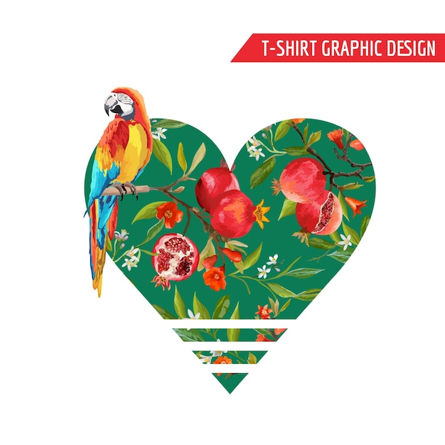 Vector vintage pomegranates, flowers and parrot birds in watercolor style