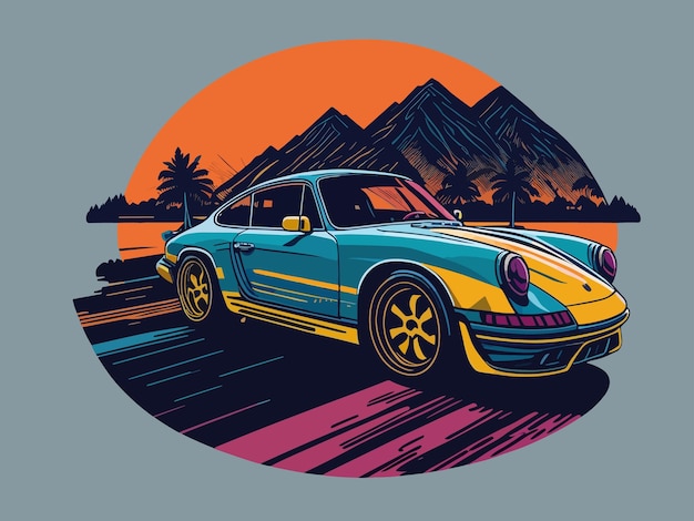 A vintage porsche 911 is shown in a colorful illustration