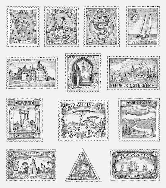 Vector vintage postage stamps set ancient landscapes dragon and sailing ship retro old sketch monochrome postcard hand drawn engraved retro mark frames collection for print banner poster and logo