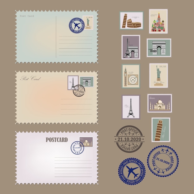 Vintage postcard, envelopes and stamps. Postcards collection.