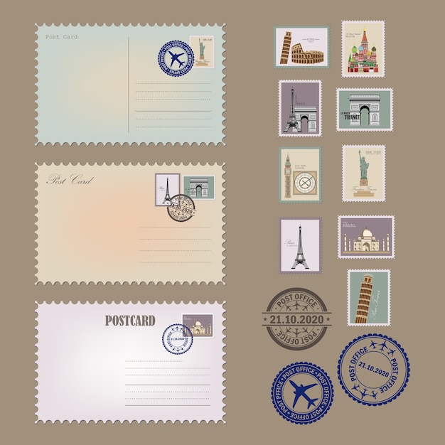 Vector vintage postcard, envelopes and stamps. postcards collection.