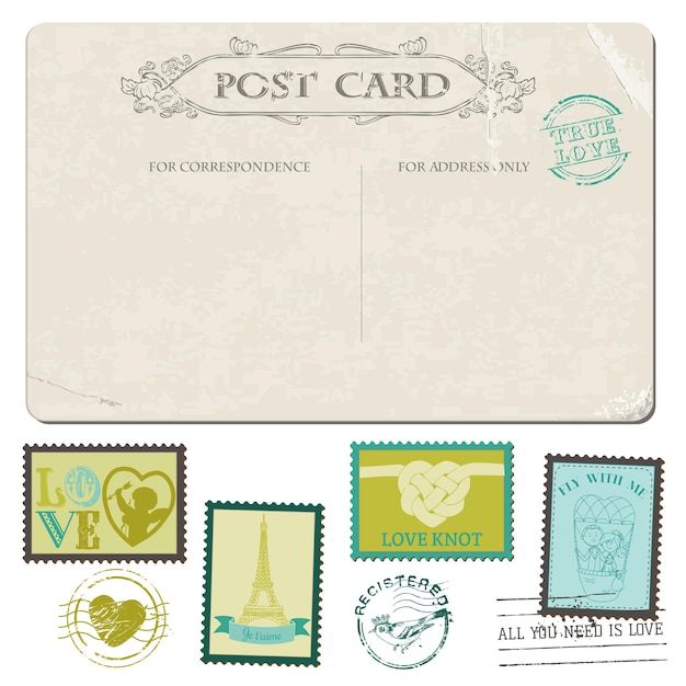 Vector vintage postcard and postage stamps