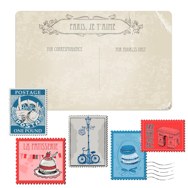 Vettore cartolina d'epoca con set di francobolli