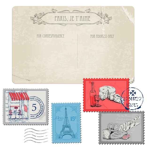 Vector vintage postcard with set of stamps