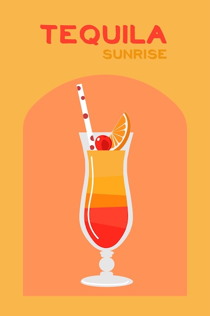 Vector vintage poster cocktail tequila zonsopgang met decor elementen vector op kleur achtergrond