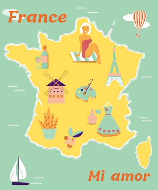 Vettore poster vintage della francia con diverse destinazioni e punti di riferimento.