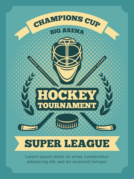 старинный плакат хоккейных чемпионатов. Баннер хоккейной игры, иллюстрация турнира соревнования