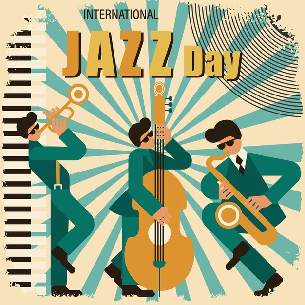 Vector vintage poster for international jazz day. musicians with saxophone, double bass and trumpet. retro