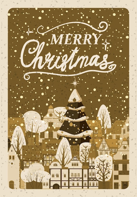 Vintage poster Merry Christmas and Happy New Year winter old town cityscape Urban landscape