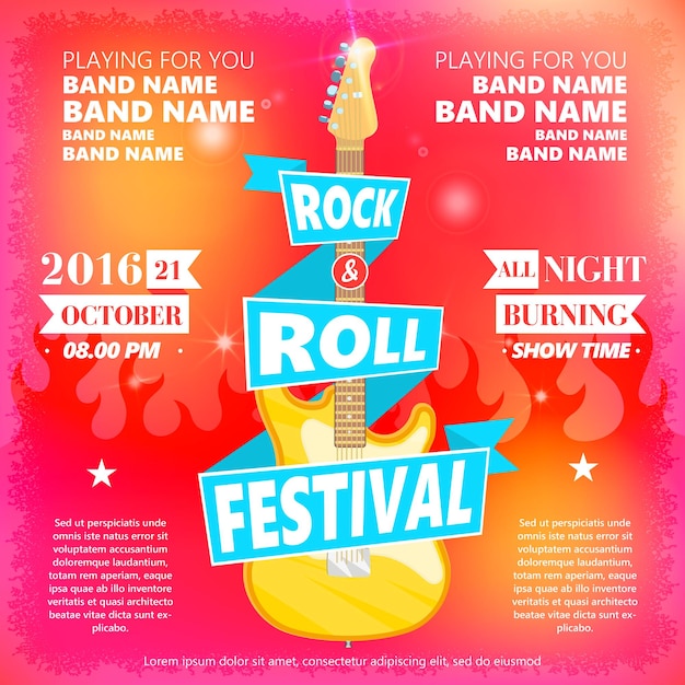 Vintage poster of rock and roll festival hot burning rock party cartoon design element for poster flyer emblem logo sign vector design element