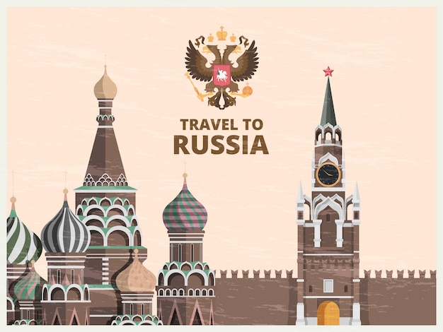 Старинный плакат или проездной билет с русскими культурными достопримечательностями Кремля
