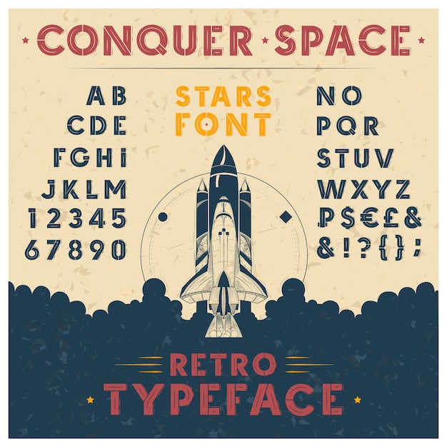 Vintage poster with rocket launch and with retro font