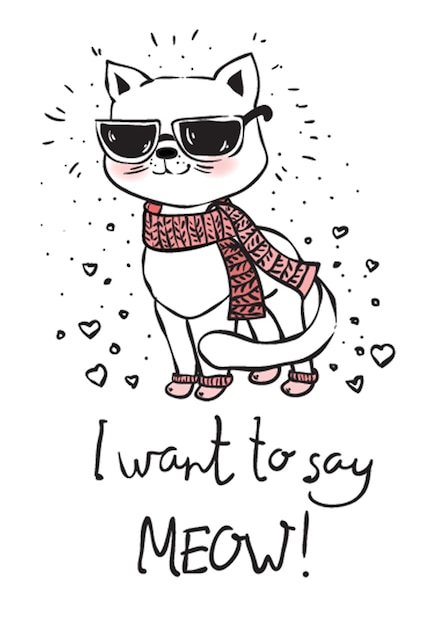 Винтажный плакат со стильным кошачьим вектором, модным хипстерским стилем, дизайном поздравительной открытки, принтом на футболке