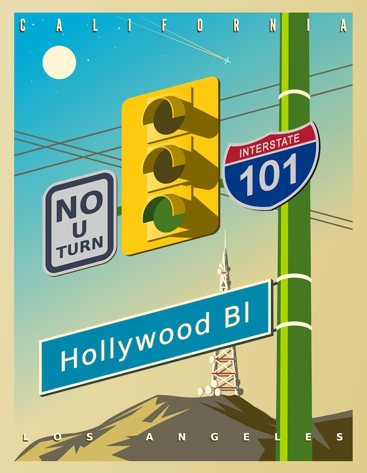 Vector vintage poster with a yellow traffic light hollywood sign road signs  no uturn 101 interstate