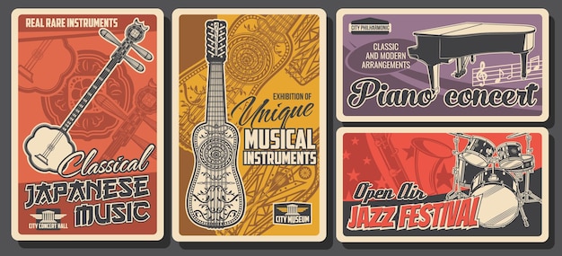 Vector vintage posters jazz and folk music instruments