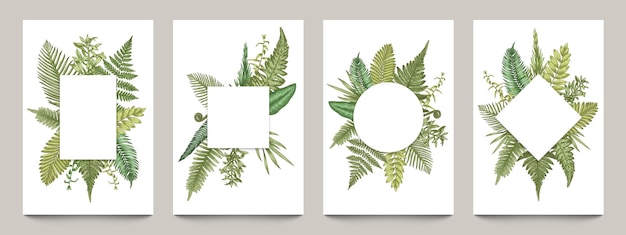 Vintage posters with botanical borders empty banners mockup with rural hand drawn herbs and leaves blank wedding invitations and greeting cards vector set