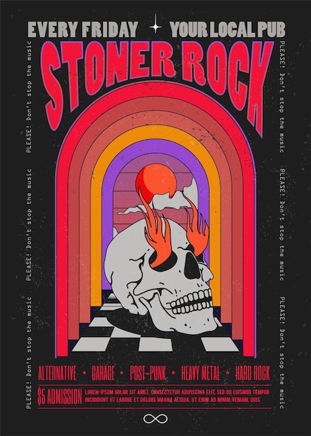 Vector vintage psychedelic rock music party or concert or music album cover with skull in arch doorway