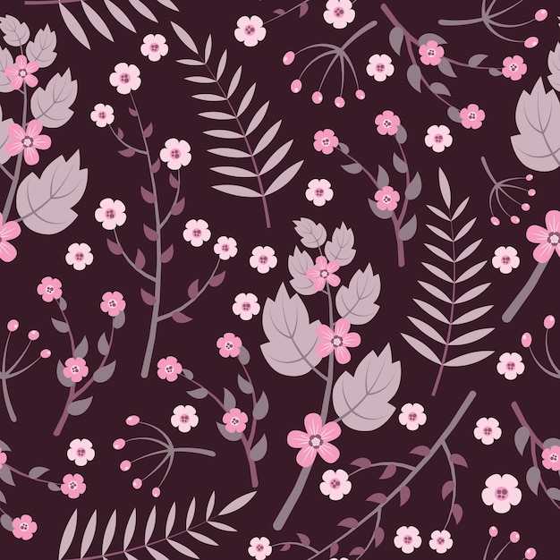 Vintage purple flowers seamless pattern on dark background