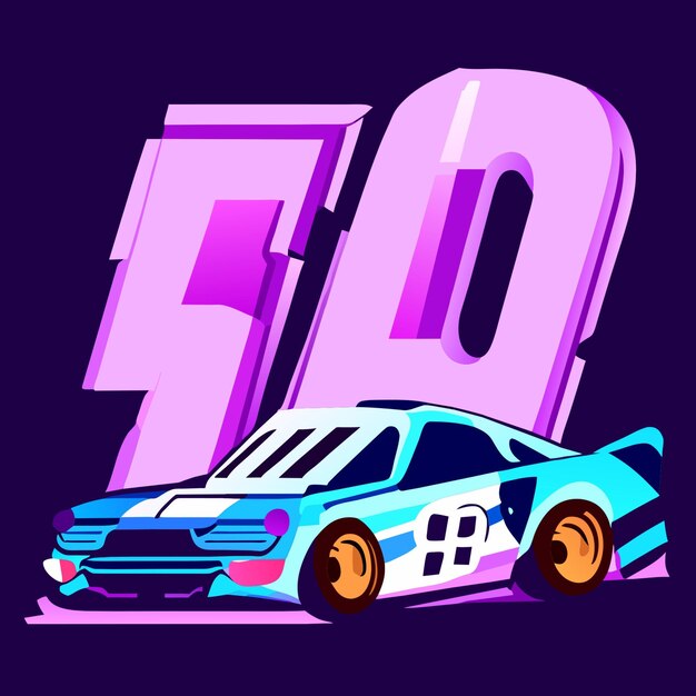 a vintage race car adorned with neon number 88s