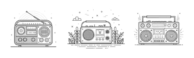 Vintage radio's en boomboxen in zwart-wit lijnkunststijl
