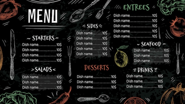 Vintage restaurantmenu. hand getekend eten, café menu's en keuken poster sjabloon illustratie