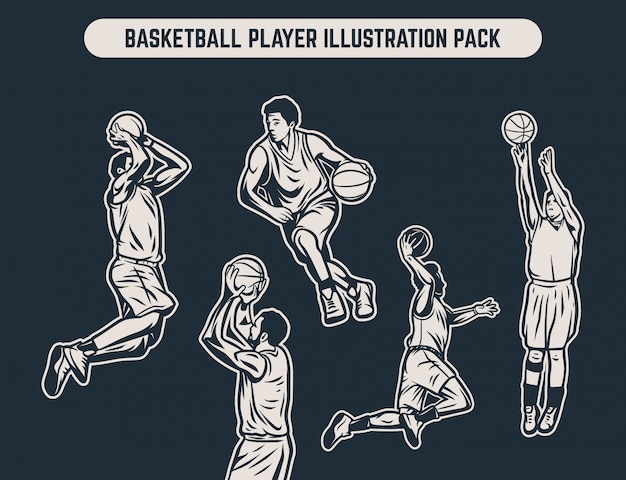 Vector vintage retro black and white illustration pack of basketball player