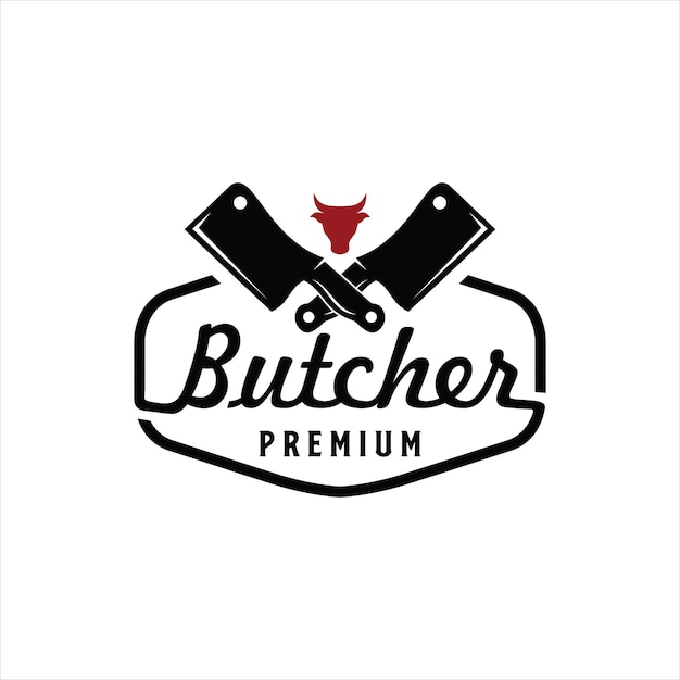 Дизайн логотипа этикетки старинные ретро мясной магазин со скрещенными тесаками