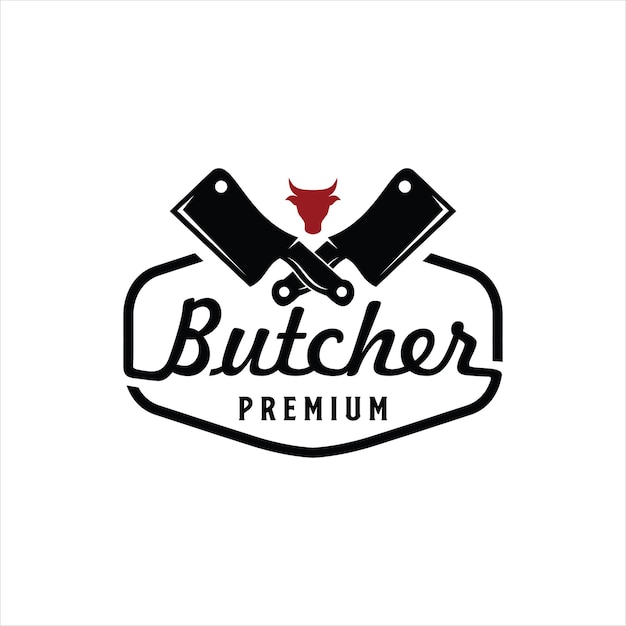 Vintage Retro Butcher shop label logo design with crossed cleavers